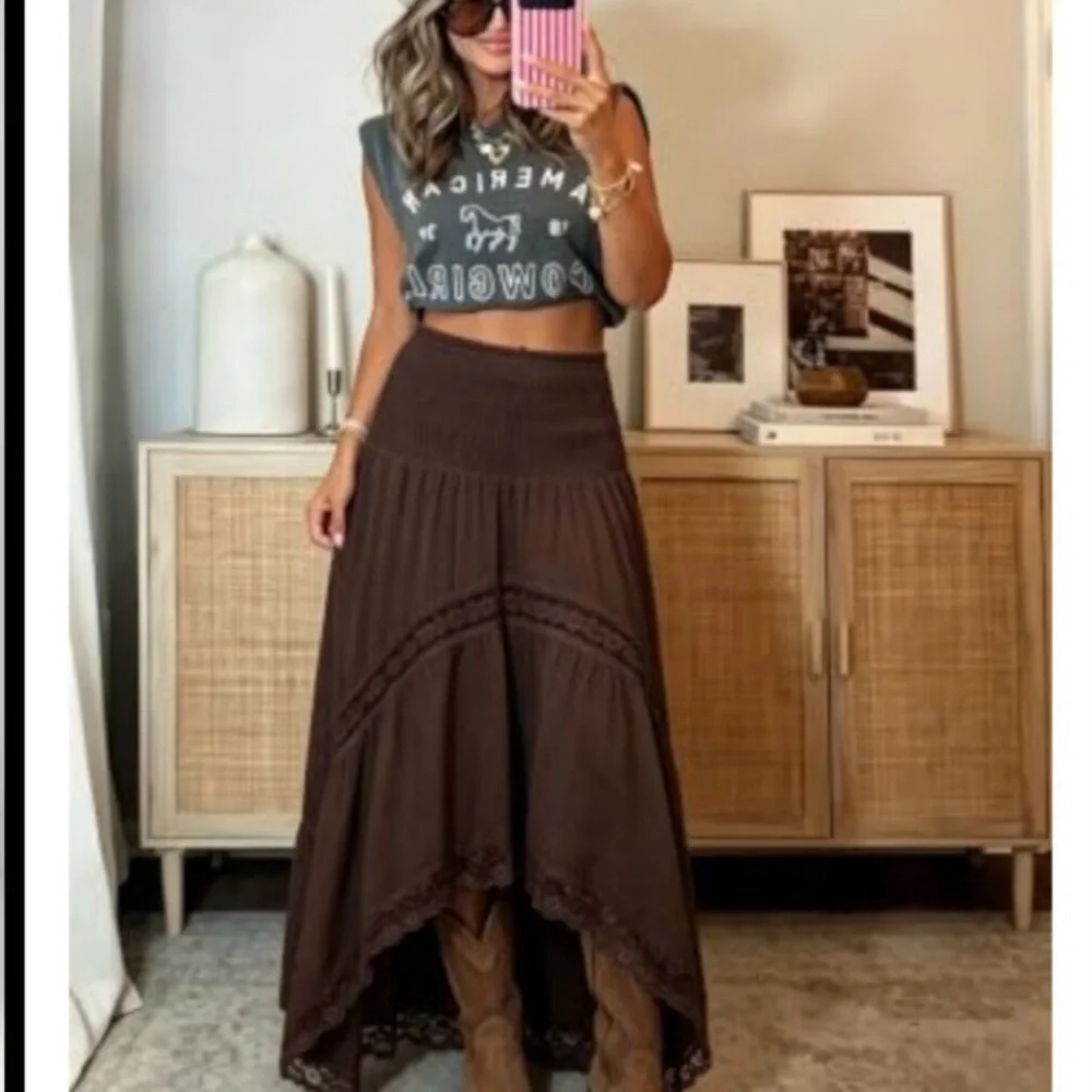 Women's Boho Maxi Skirt High Waist Smocked A-Line Flowy Long Skirt